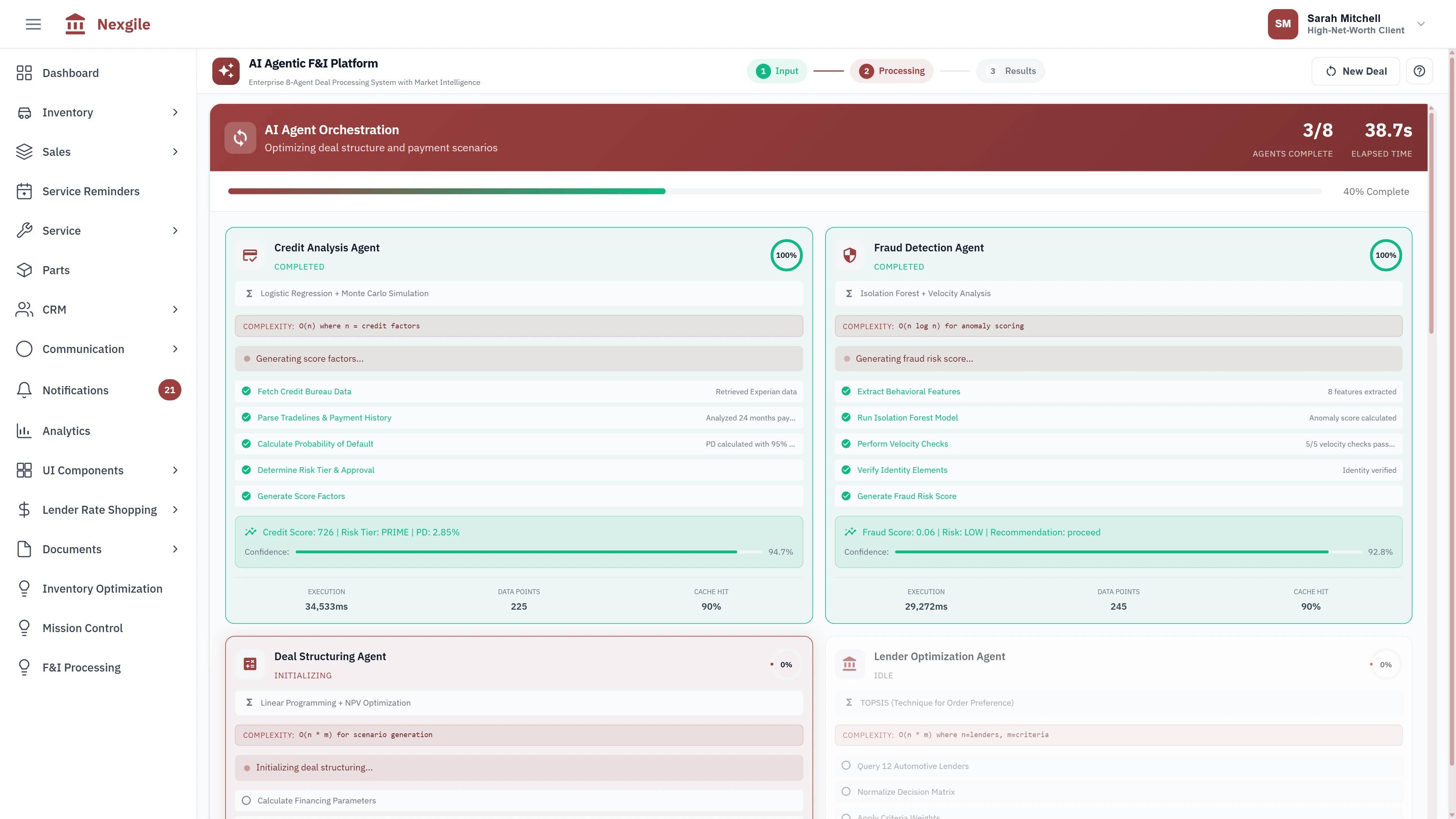 AI Agent Orchestration - Credit Analysis and Fraud Detection agents processing in parallel with real-time task completion status